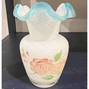 Fenton Aqua Crest Ruffled Vase Hand Painted Flowers Vintage Swirl Glass